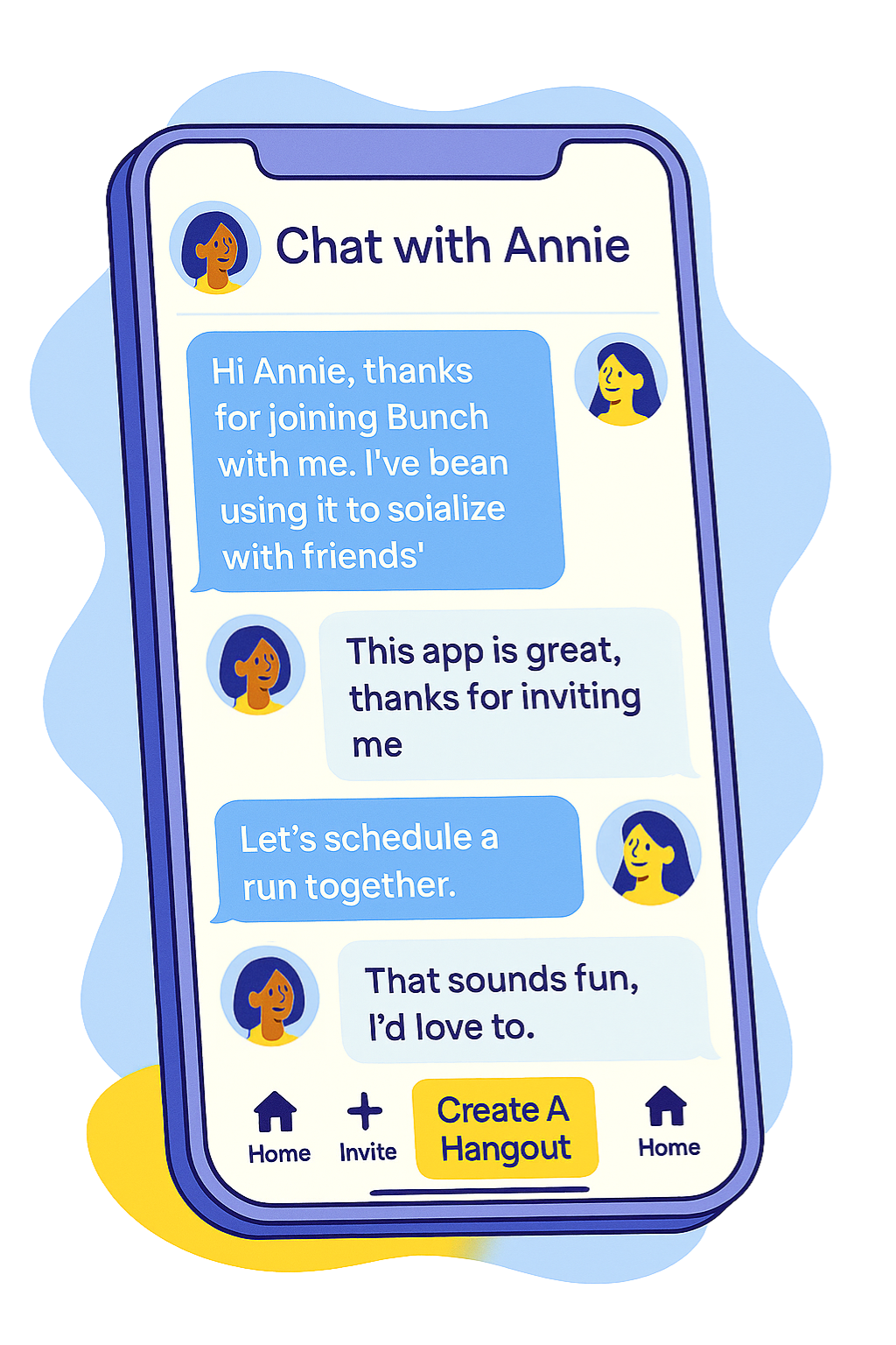 Bunch app illustration of a chat with a member that you've met through a public bunch