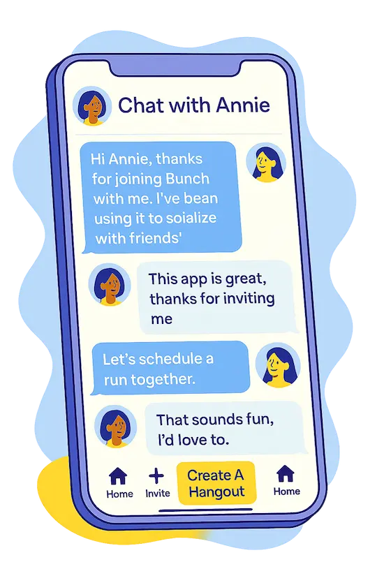 Bunch app illustration of a chat with a member that you've met through a public bunch