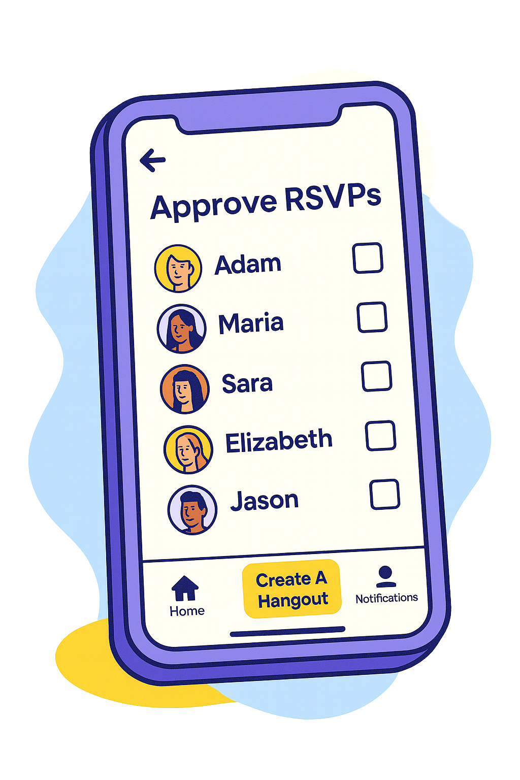 Bunch app illustration of a hangout with a list of members and their RSVP status - approved or not approved yet