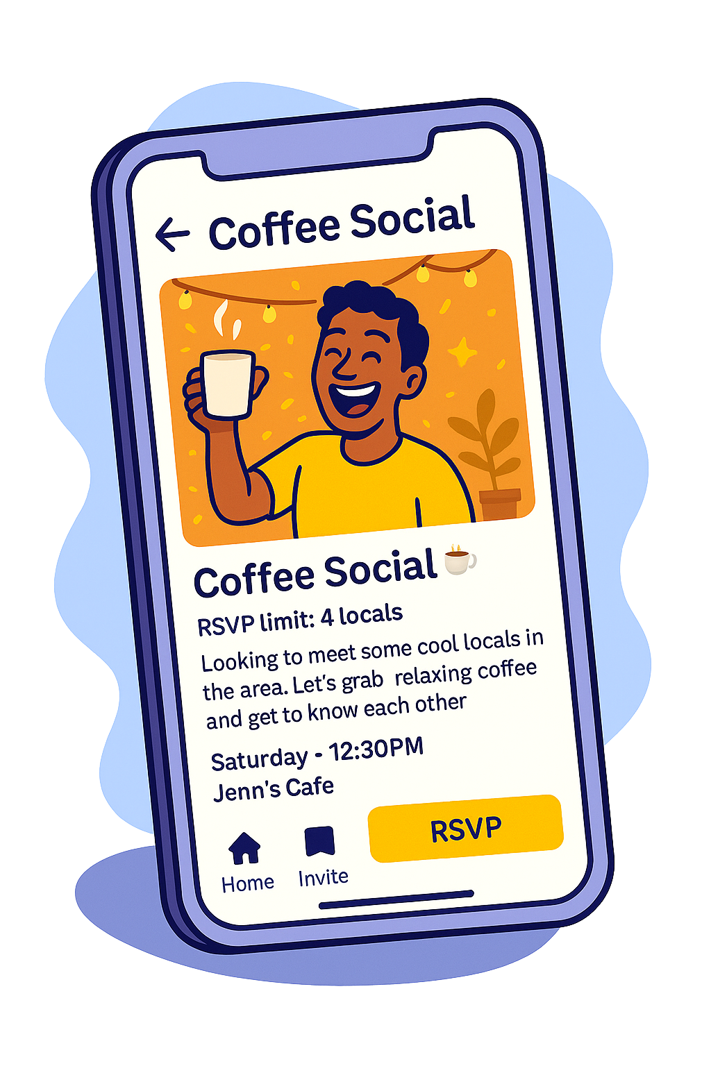 Bunch app illustration of a coffee hangout invite