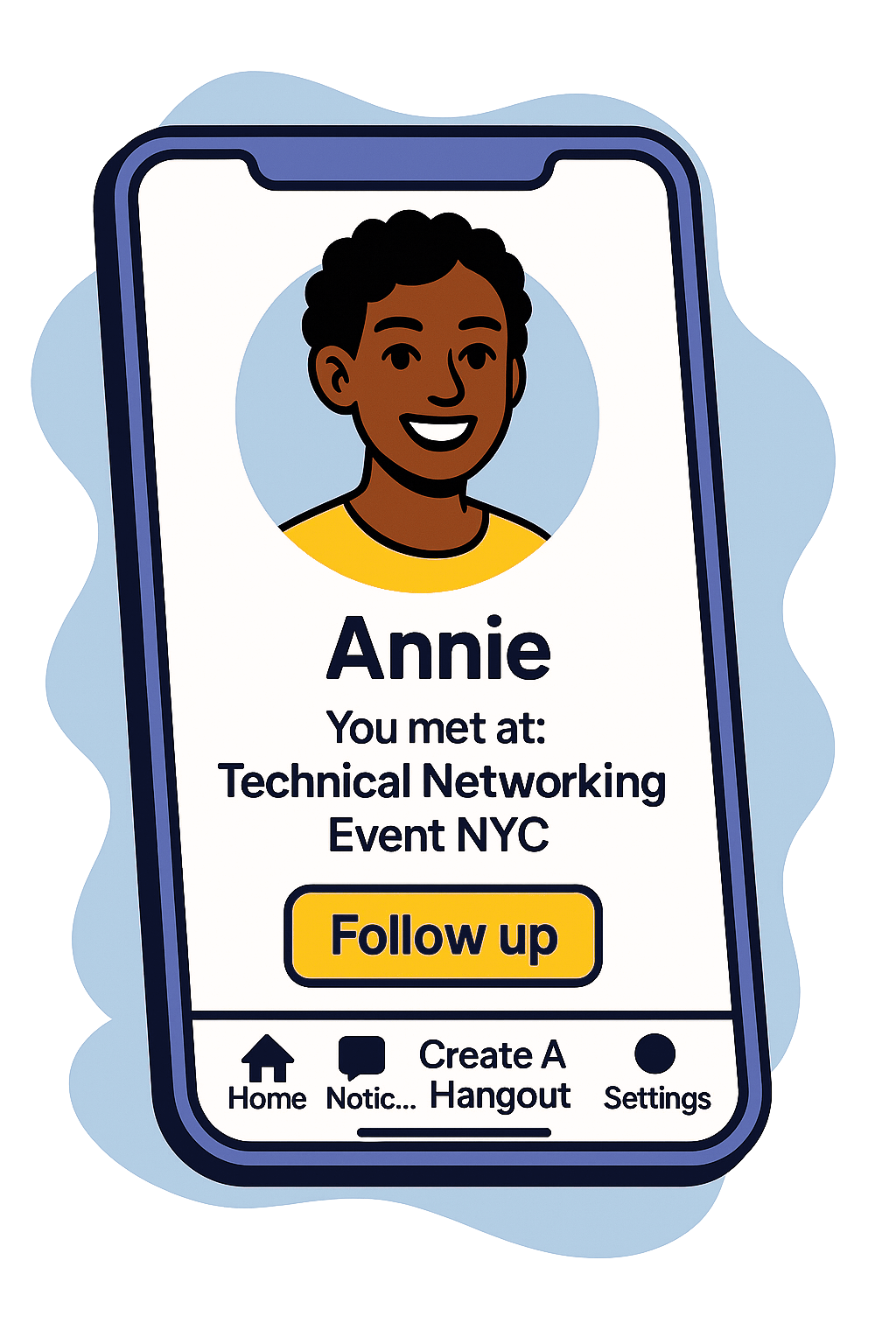 Bunch app illustration of a member profile on the app and notes on how you met them