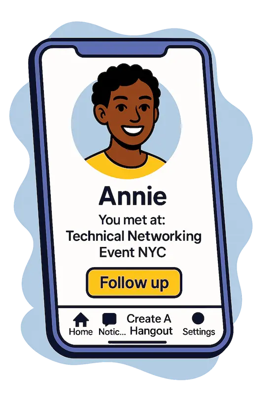 Bunch app illustration of a member profile on the app and notes on how you met them