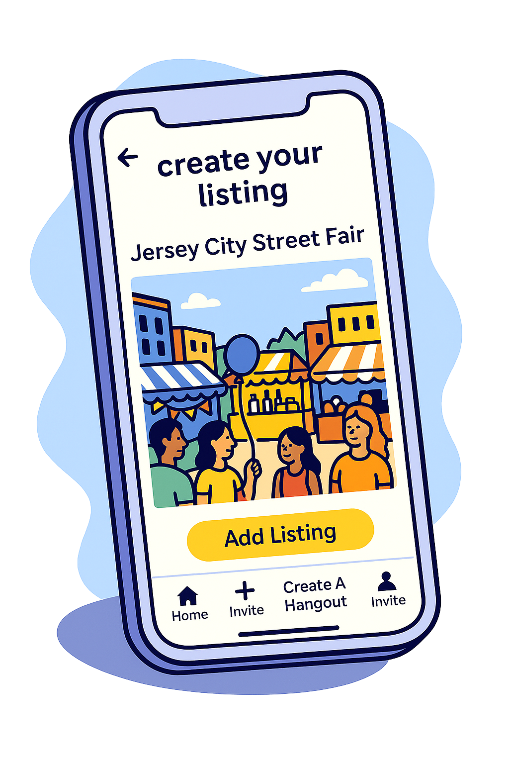 Bunch app illustration of a member listing their event on the app to promote it to bunch members