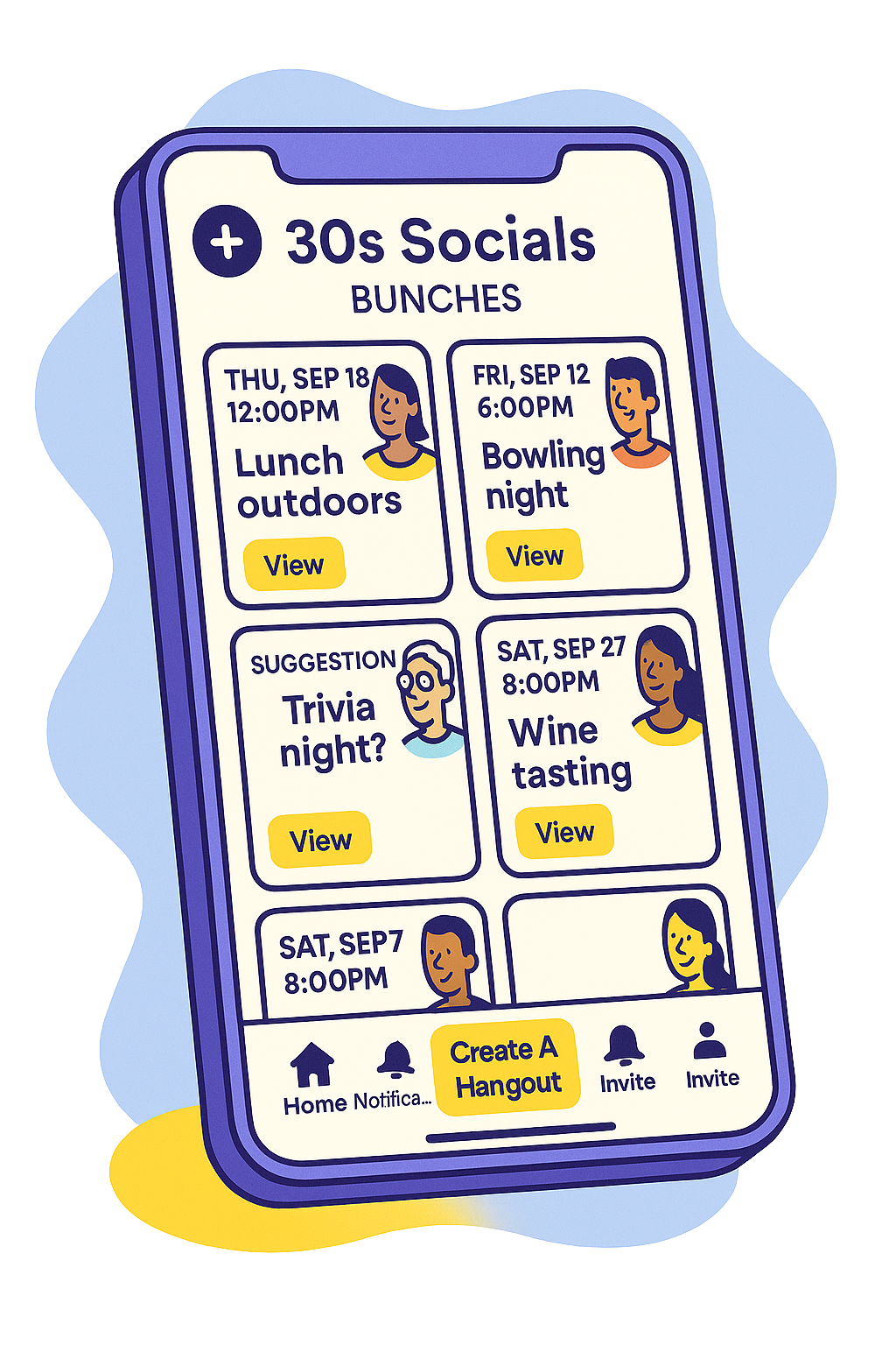 Bunch app illustration of a group for people in their 30s on Bunch