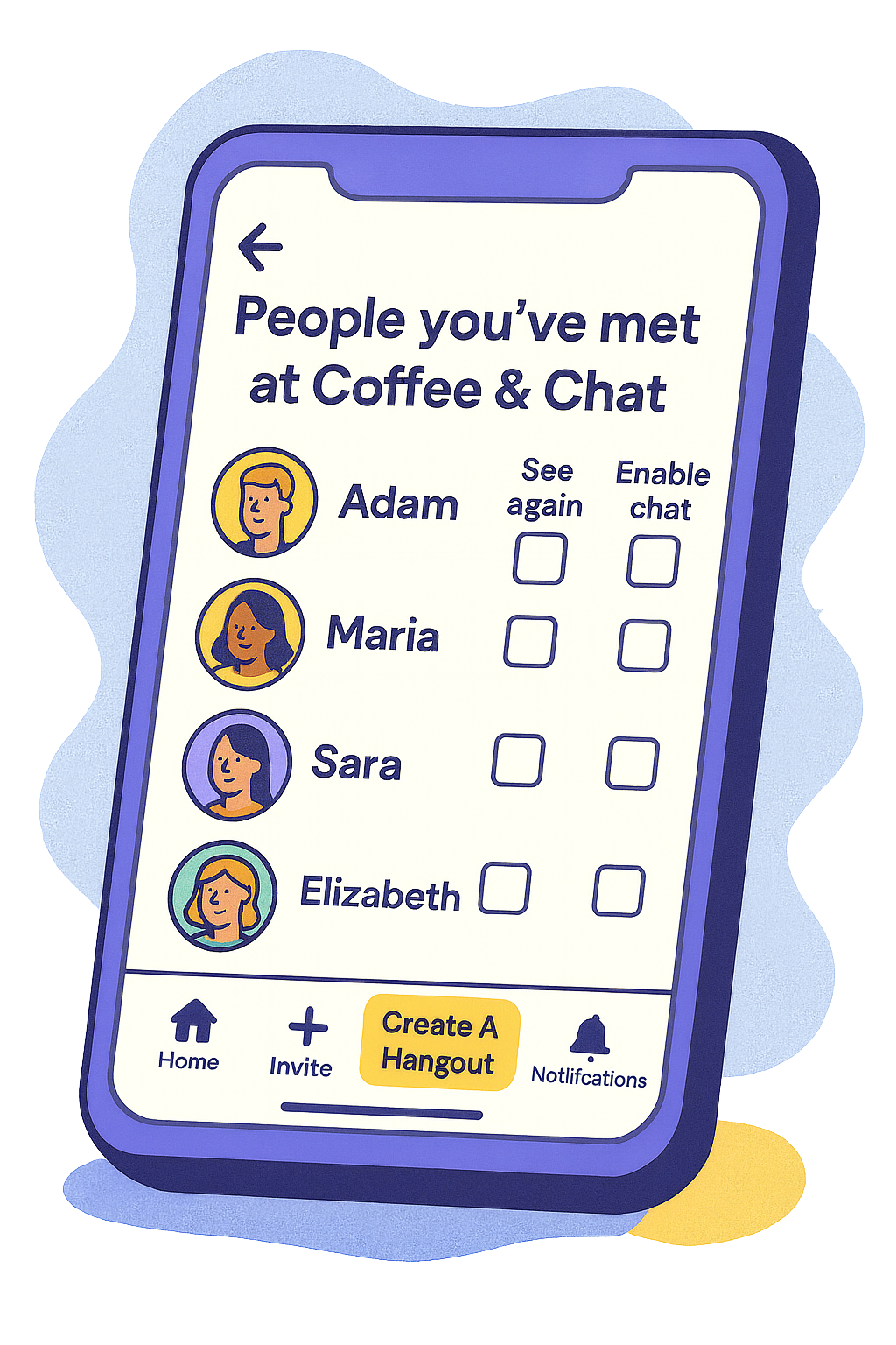 Bunch app illustration of a panel that comes after a hangout that allows you to choose who to meet again