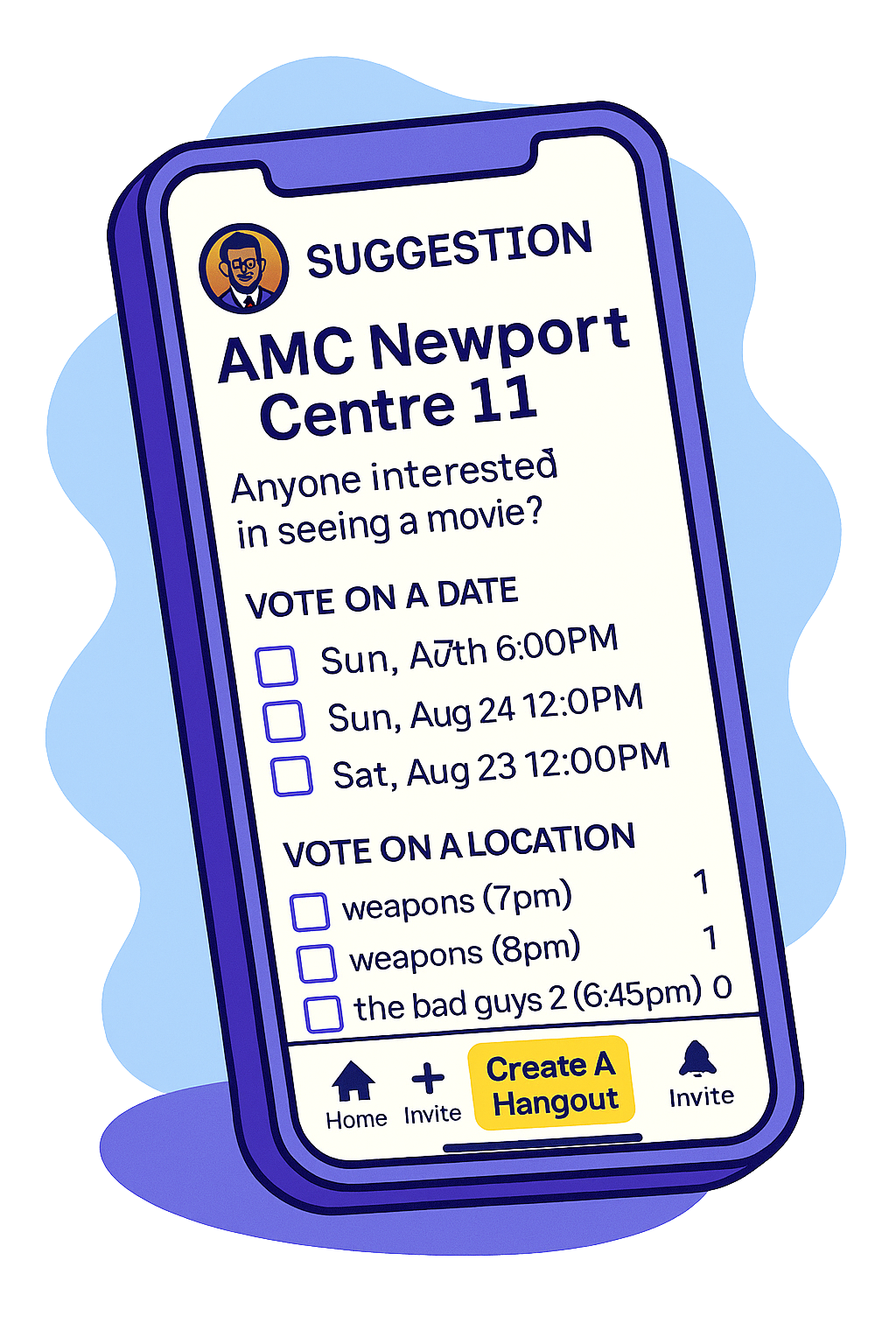 Bunch app illustration of a suggested hangout idea to vote on